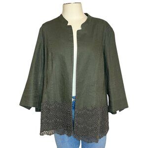 Coldwater Creek olive green linen blend lace detail open front blazer size 16